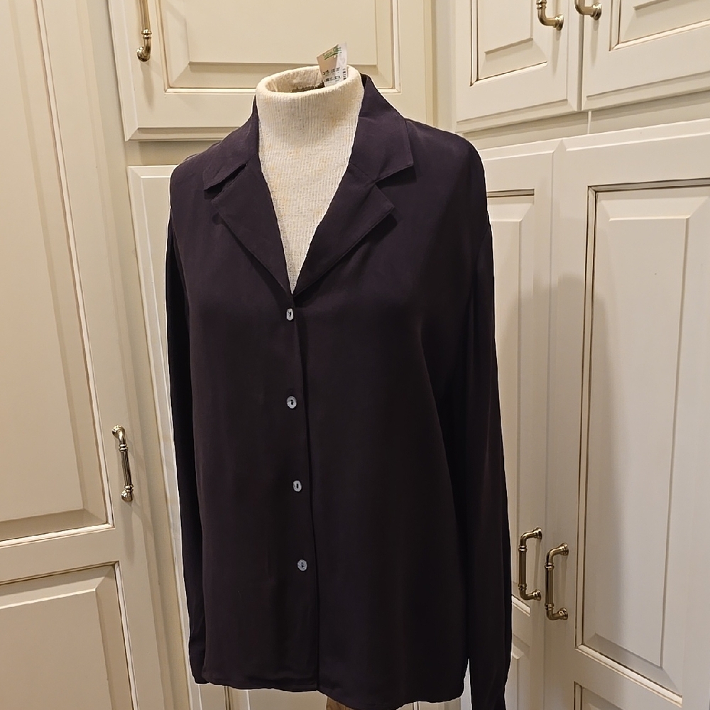NWT Grace Chemise 100% Silk Long Sleeve Blouse In Chocolate In Size Large